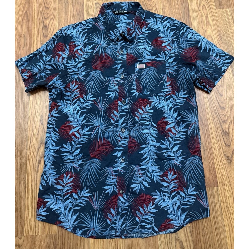 TravisMathew Shirt Mens Medium Hawaiian Tropical Palm Leaf Golf Navy